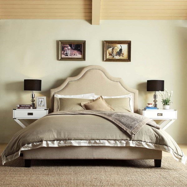 King upholstered bed with nailhead hot sale trim